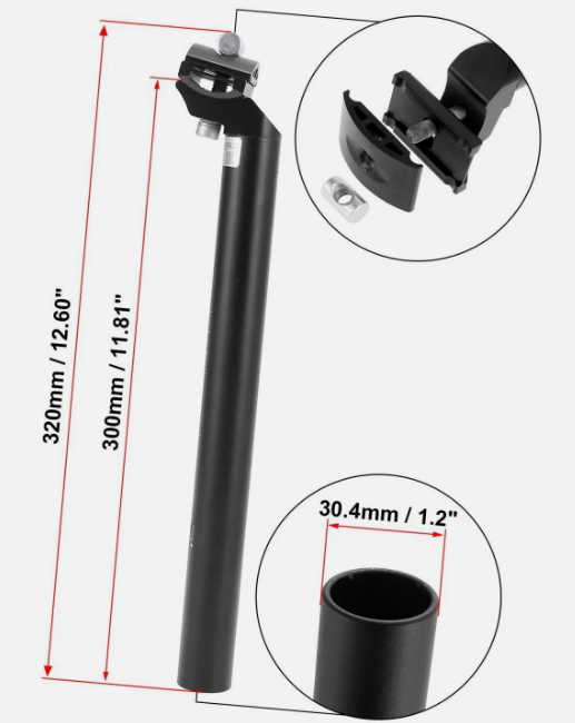 Adjustable 30.4mm x 300mm Bike Seatpost with Micro-Adjust Clamp – High-Strength Aluminum Alloy Seat Tube for MTB, Road, and City Bikes (Matte Black)