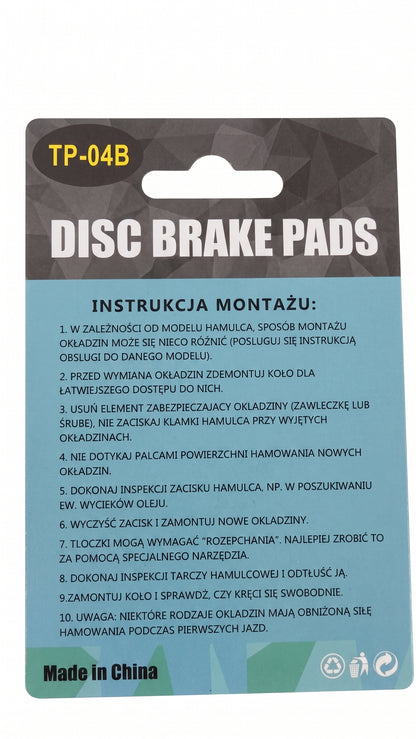 TP-04B Bicycle E-Bike Disc Brake Pads - JAK-5, JAK 5, B777, M188, M208, M288, M308, M318, and YE113.