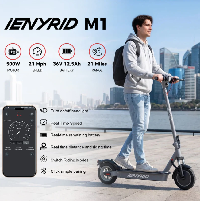iENYRID M1 Folding Electric Scooter – 500W Motor, 22mph, 22-Mile Range